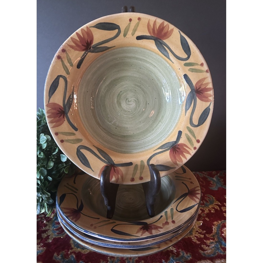 4 Pier 1 Elizabeth Hand-Painted Stoneware Rimmed Soup Pasta Bowl 9.75"